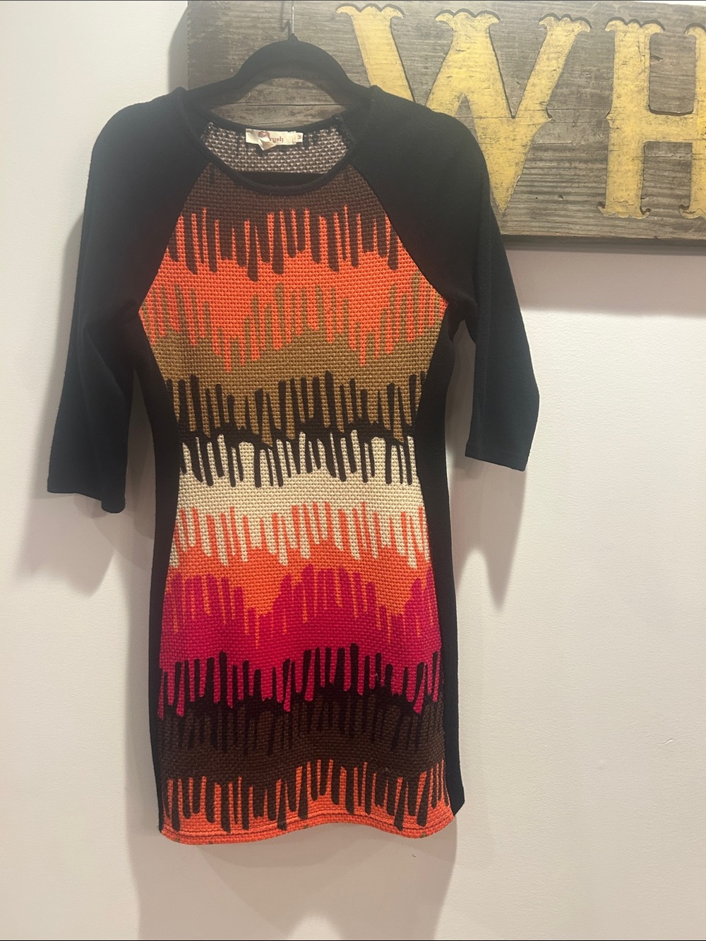 Aryeh Black Mini Dress with Orange, Pink, Cream & Brown Knit Front